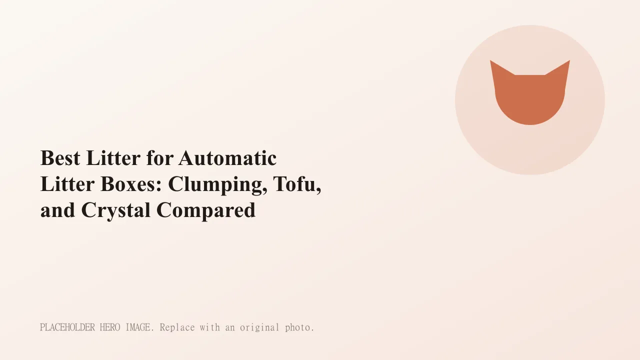 Three scoops of clumping clay, tofu pellets, and crystal litter lined up beside an automatic litter box